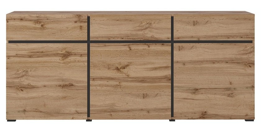 Buffet coloris chêne et noir 180cm collection HAVANA. Bahut  design avec 3 portes et 3 tiroirs.