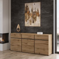 Buffet coloris chêne et noir 180cm collection HAVANA. Bahut  design avec 3 portes et 3 tiroirs.