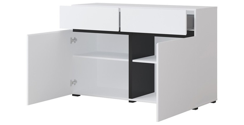 Buffet 120cm coloris blanc et noir collection HAVANA. Bahut  design avec 2 portes et 2 tiroirs.