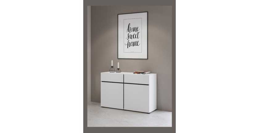 Buffet 120cm coloris blanc et noir collection HAVANA. Bahut  design avec 2 portes et 2 tiroirs.