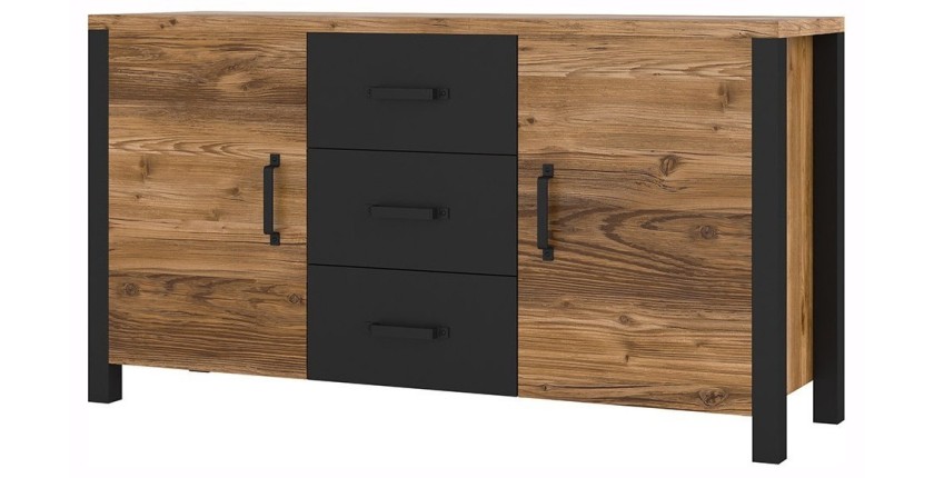 Buffet 150cm collection DARWIN. Couleur épicéa et noir. 2 portes et 3 tiroirs