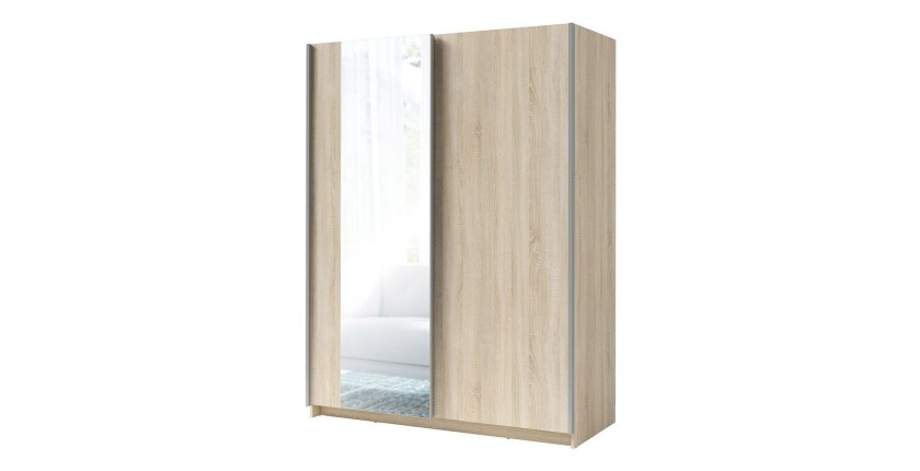 Armoire 2 portes coulissantes avec miroir - Collection GOZU - Coloris chêne sonoma - 150 x 198 x 62 cm