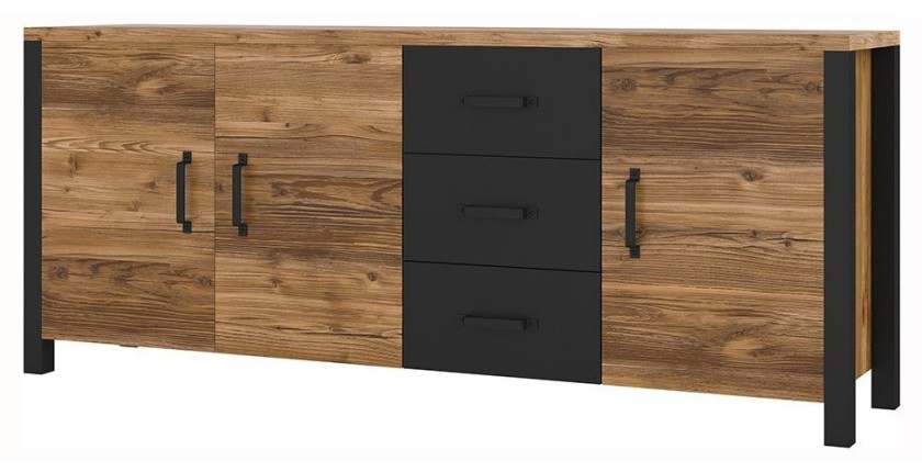 Buffet XL 190cm collection DARWIN. Couleur épicéa et noir. 3 portes et 3 tiroirs