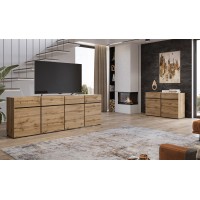 Buffet 120cm coloris chêne et noir collection HAVANA. Bahut  design avec 2 portes et 2 tiroirs.