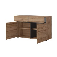 Buffet 120cm coloris chêne et noir collection HAVANA. Bahut  design avec 2 portes et 2 tiroirs.