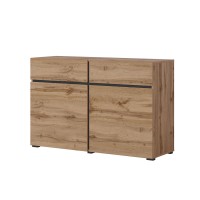 Buffet 120cm coloris chêne et noir collection HAVANA. Bahut  design avec 2 portes et 2 tiroirs.