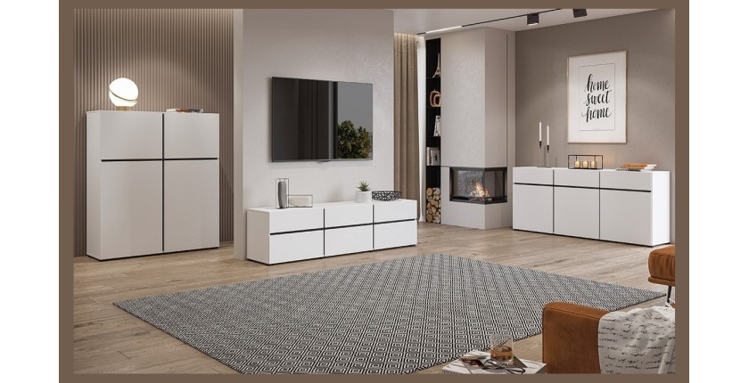 Buffet haut coloris blanc et noir L120xH140xP40 collection HAVANA. Bahut  haut design avec 4 portes.