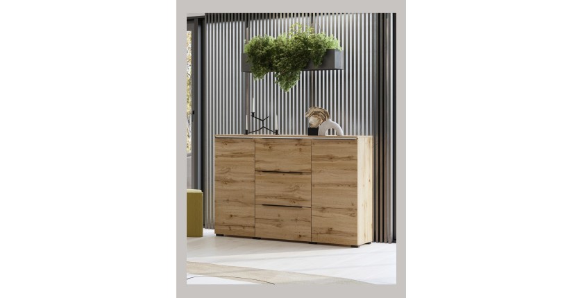 Buffet ALICE coloris chêne wotan – 2 portes, 3 tiroirs avec éclairage LED