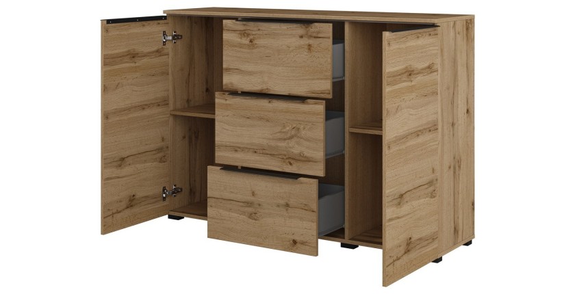 Buffet ALICE coloris chêne wotan – 2 portes, 3 tiroirs avec éclairage LED