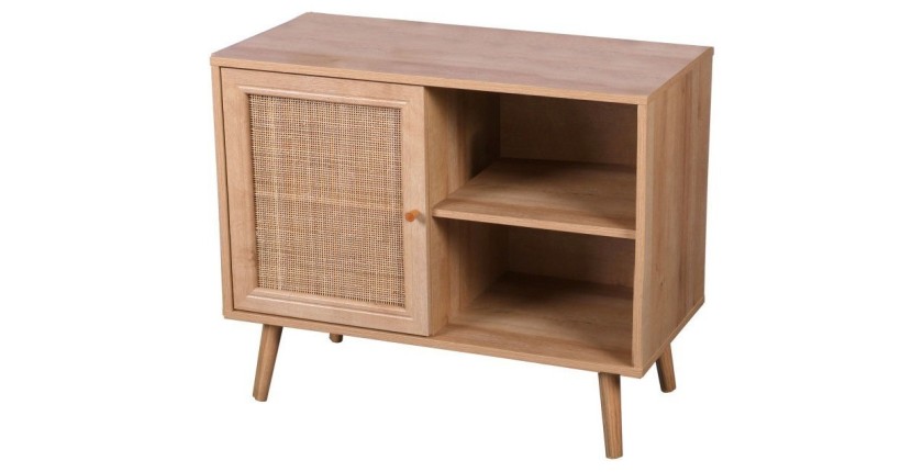 Commode ALTA chêne clair avec porte en rotin – Design scandinave et rangement pratique