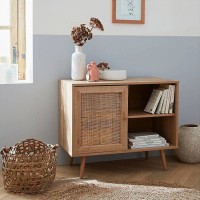 Commode ALTA chêne clair avec porte en rotin – Design scandinave et rangement pratique