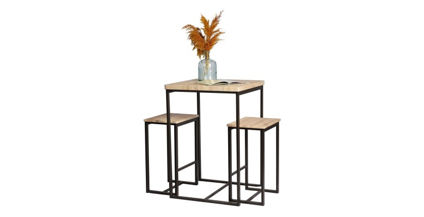 Ensemble table haute avec 2 tabourets – DARYL – Chêne et Métal Noir