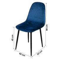 Lot de 4 chaises LOLY, assise et dossier en velours bleu, structure en métal noir