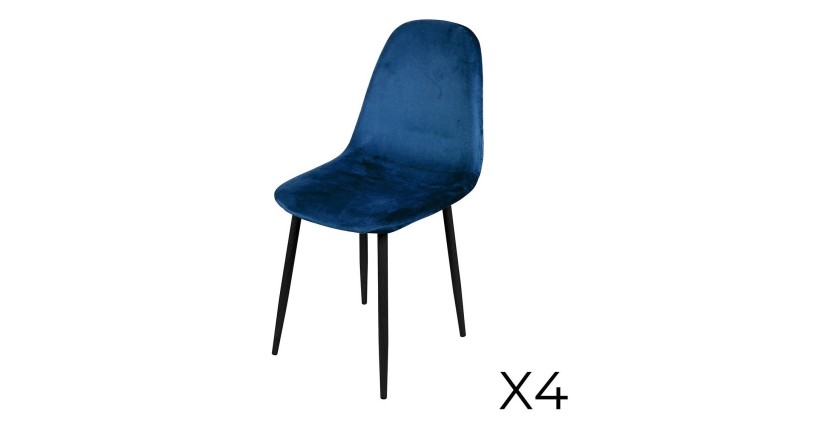 Lot de 4 chaises LOLY, assise et dossier en velours bleu, structure en métal noir