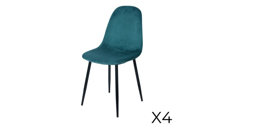 Lot de 4 chaises LOLY, assise et dossier en velours bleu canard, structure en métal noir