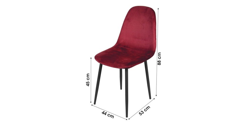 Lot de 4 chaises LOLY, assise et dossier en velours bordeaux, structure en métal noir