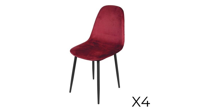 Lot de 4 chaises LOLY, assise et dossier en velours bordeaux, structure en métal noir