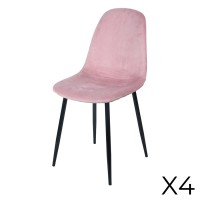 Lot de 4 chaises LOLY, assise et dossier en velours rose, structure en métal noir