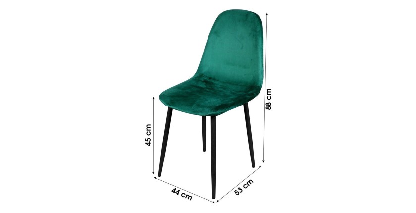 Lot de 4 chaises LOLY, assise et dossier en velours vert, structure en métal noir