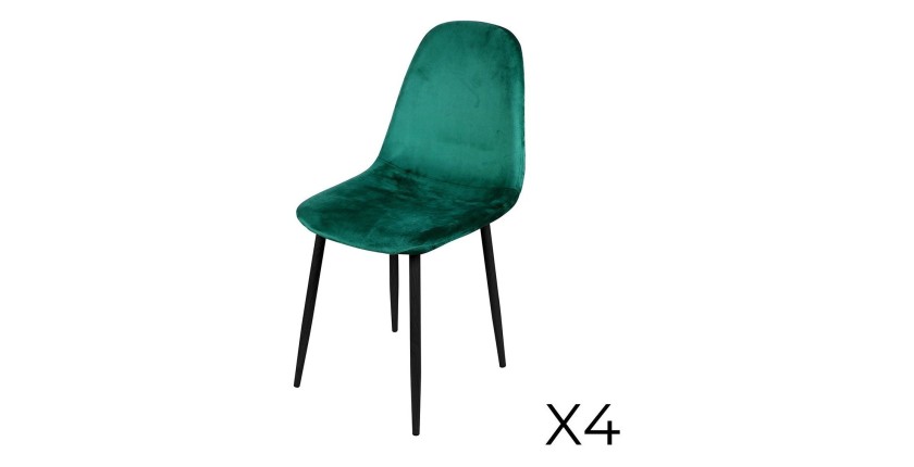 Lot de 4 chaises LOLY, assise et dossier en velours vert, structure en métal noir