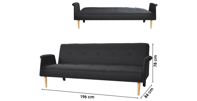 Canapé convertible en tissu noir – Collection LYLIA, dimensions 196x78x84 cm