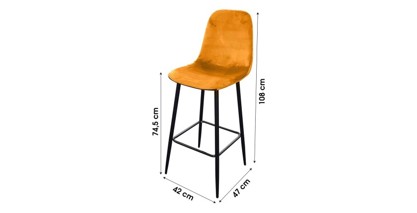 Lot de 4 tabourets LOLY, assise et dossier en velours jaune, structure en métal noir