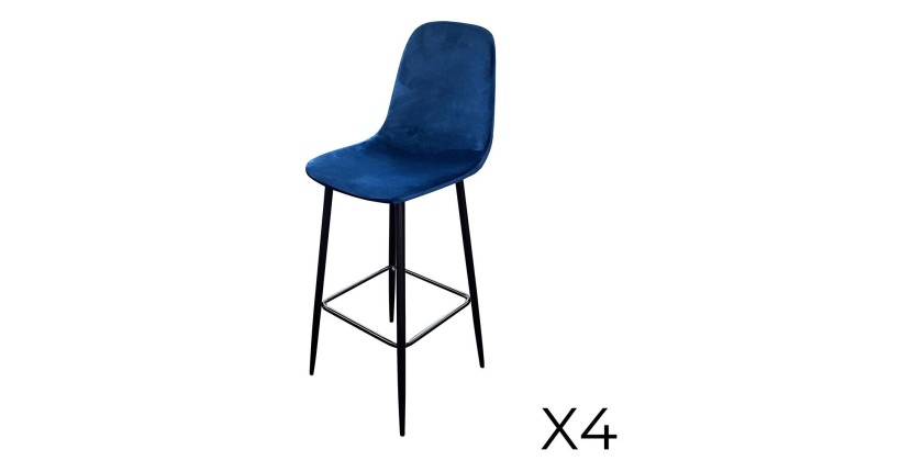 Lot de 4 tabourets LOLY, assise et dossier en velours bleu, structure en métal noir