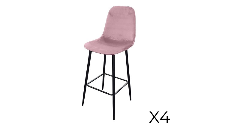 Lot de 4 tabourets LOLY, assise et dossier en velours rose, structure en métal noir