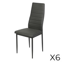 Lot de 6 chaises DANIEL, assise et dossier effet cuir gris, structure en acier noir