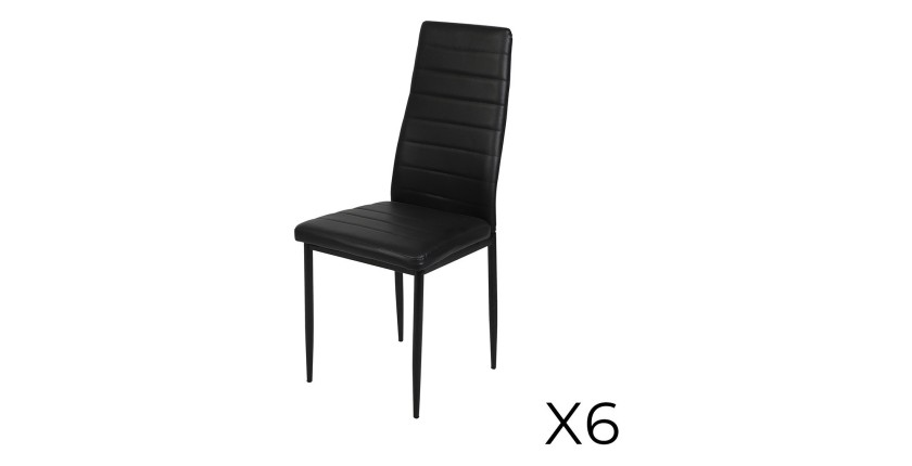 Lot de 6 chaises DANIEL, assise et dossier effet cuir noir, structure en acier noir