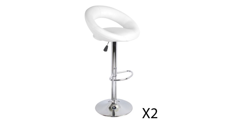 Lot de 2 tabourets de bar réglables en hauteur 77-97 cm – Assise simili cuir PU blanc, pied en métal gris, diamètre 40 cm