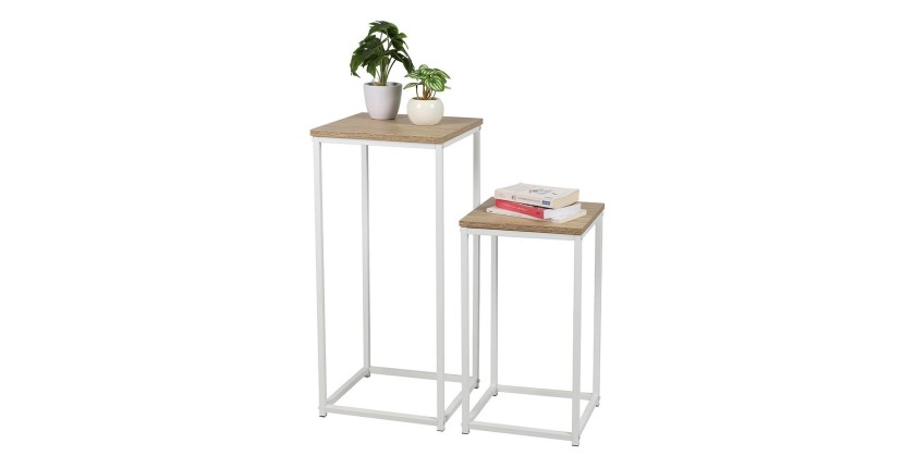 Lot de 2 sellettes PUEBLO, structure en métal blanc, plateaux coloris chêne clair