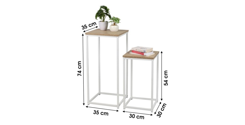 Lot de 2 sellettes PUEBLO, structure en métal blanc, plateaux coloris chêne clair