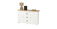 Buffet avec 2 portes et 3 tiroirs design colonial – 119x39,5xH77 cm, coloris blanc et plateau chêne clair – Collection MADERA