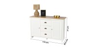 Buffet avec 2 portes et 3 tiroirs design colonial – 119x39,5xH77 cm, coloris blanc et plateau chêne clair – Collection MADERA