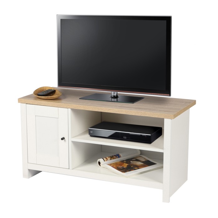 Meuble TV avec 2 niches et 1 porte design colonial – 95x40xH49 cm, coloris blanc et plateau chêne clair – Collection MADERA