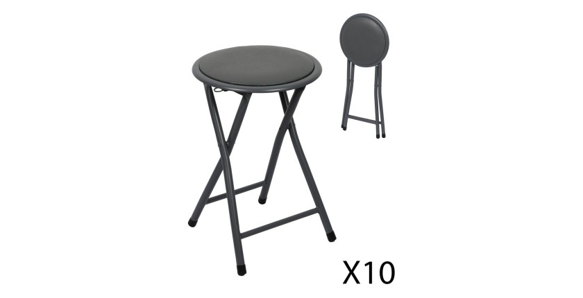 Lot de 10 tabourets pliables – Collection BASICUS, coloris noir, assise en PU, diamètre 30 cm, hauteur 45 cm