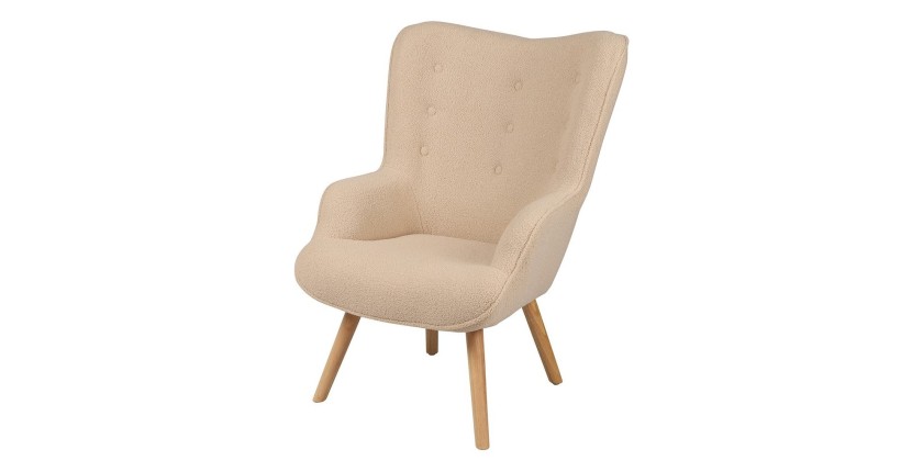 Fauteuil de salon en tissu teddy beige avec pieds en bois collection ENJOY. Style Scandinave