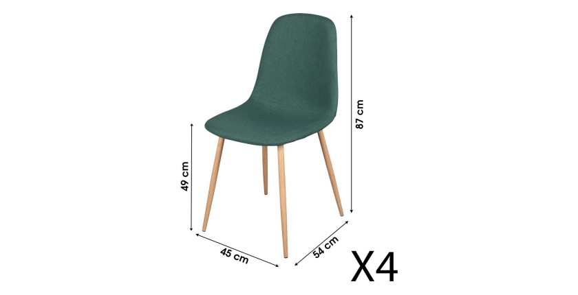 Lot de 4 chaises en tissu vert avec pieds en métal effet bois – Dimensions 45x87x54 cm, hauteur d'assise 49 cm – NORDICA