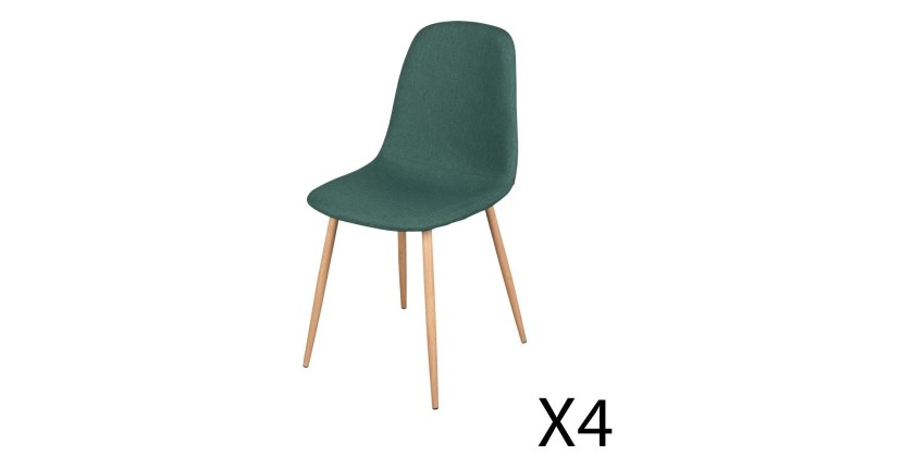 Lot de 4 chaises en tissu vert avec pieds en métal effet bois – Dimensions 45x87x54 cm, hauteur d'assise 49 cm – NORDICA