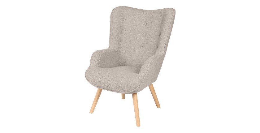 Fauteuil de salon en tissu teddy gris avec pieds en bois collection ENJOY. Style scandinave