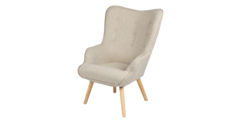 Fauteuil de salon en tissu beige avec pieds en bois collection ENJOY. Style scandinave