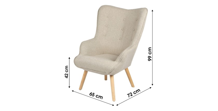 Fauteuil de salon en tissu beige avec pieds en bois collection ENJOY. Style scandinave