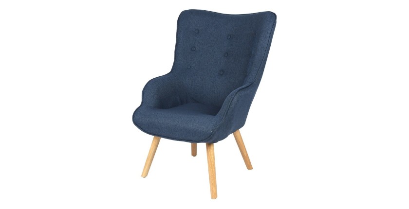 Fauteuil de salon en tissu bleu denim avec pieds en bois collection ENJOY. Style scandinave