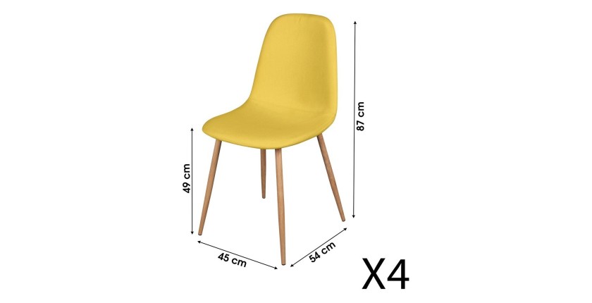 Lot de 4 chaises en tissu jaune moutarde avec pieds en métal effet bois – 45x87x54 cm– Collection NORDICA