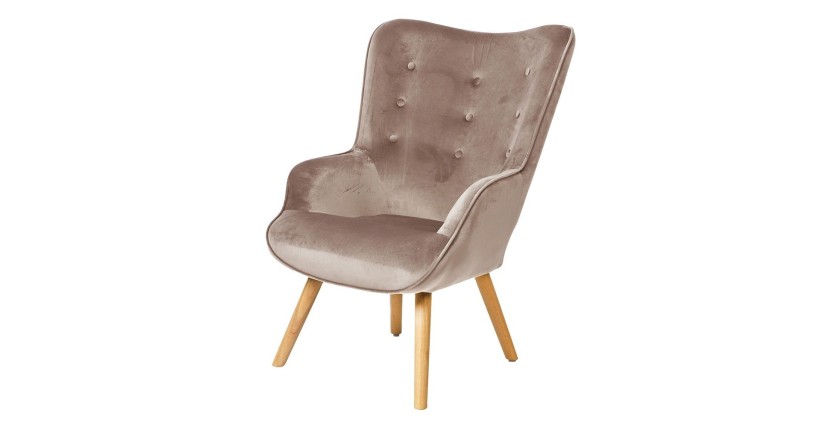 Fauteuil de salon en velours beige avec pieds en bois collection ENJOY. Style scandinave