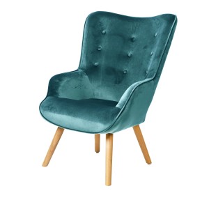 Fauteuil de salon en velours bleu canard avec pieds en bois collection ENJOY. Style scandinave