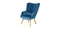 Fauteuil de salon en velours bleu nuit avec pieds en bois collection ENJOY. Style scandinave