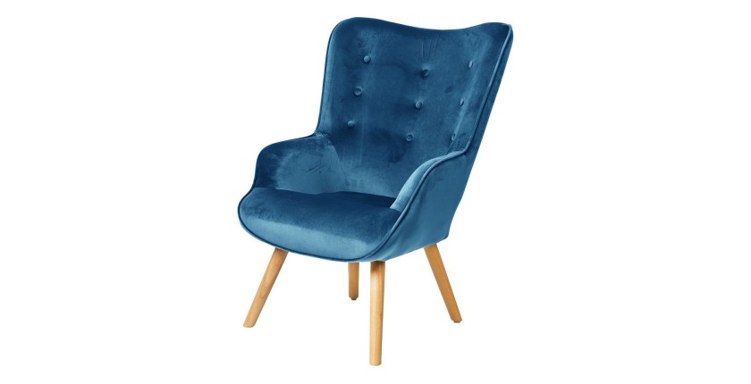 Fauteuil de salon en velours bleu nuit avec pieds en bois collection ENJOY. Style scandinave