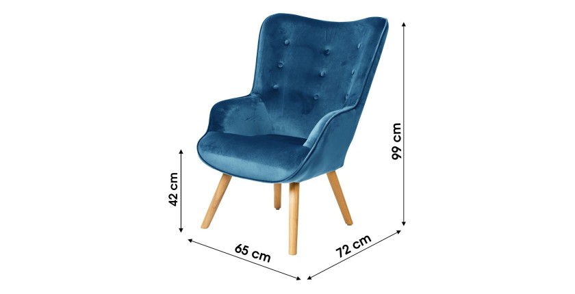 Fauteuil de salon en velours bleu nuit avec pieds en bois collection ENJOY. Style scandinave